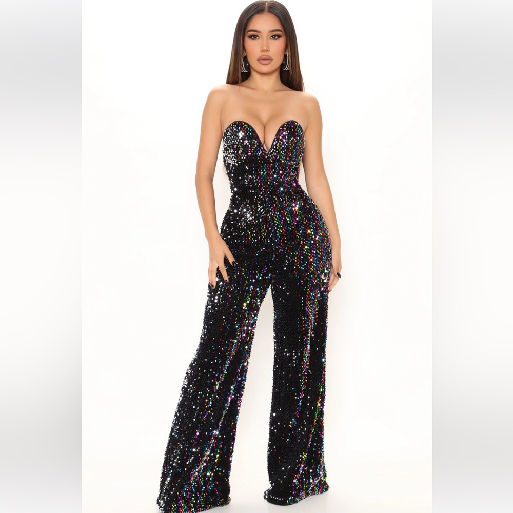 Fashion Nova Sequin Strapless Jumpsuit - Black, worn & washed once